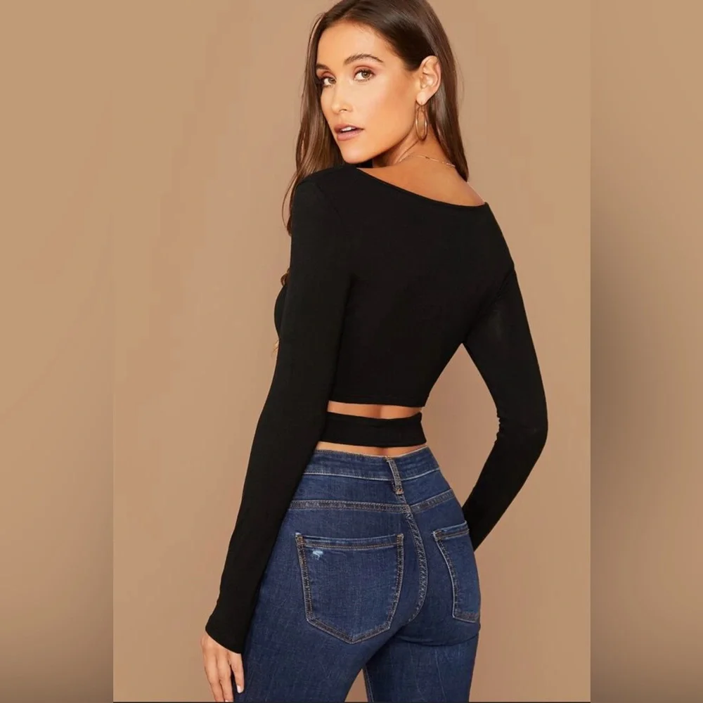 SHEIN Black Crisscross Cut Out Long Sleeve Crop Top Sz XS & S LIKE NEW